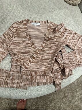 INTERMIX Marled Ivory and Brown Wrap Knit Top